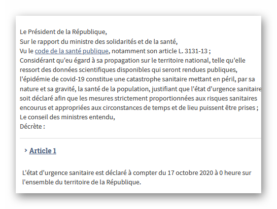 Art.1 décret N° 2020-1257 image décret état d'uregence sanitaire
